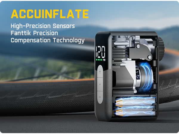 Accuinflate tire inflator with high-precision sensors and compensation technology on a blurred background.