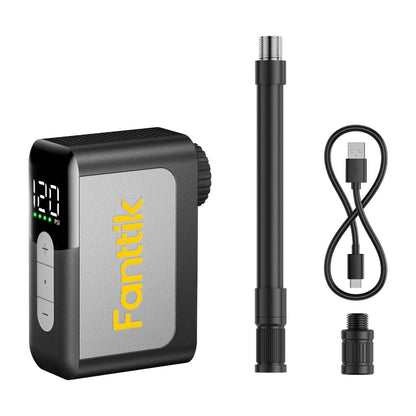 Fanttik X10 Ace Mini Bike Pump with digital display, black cylindrical pump, and USB cable on a white background