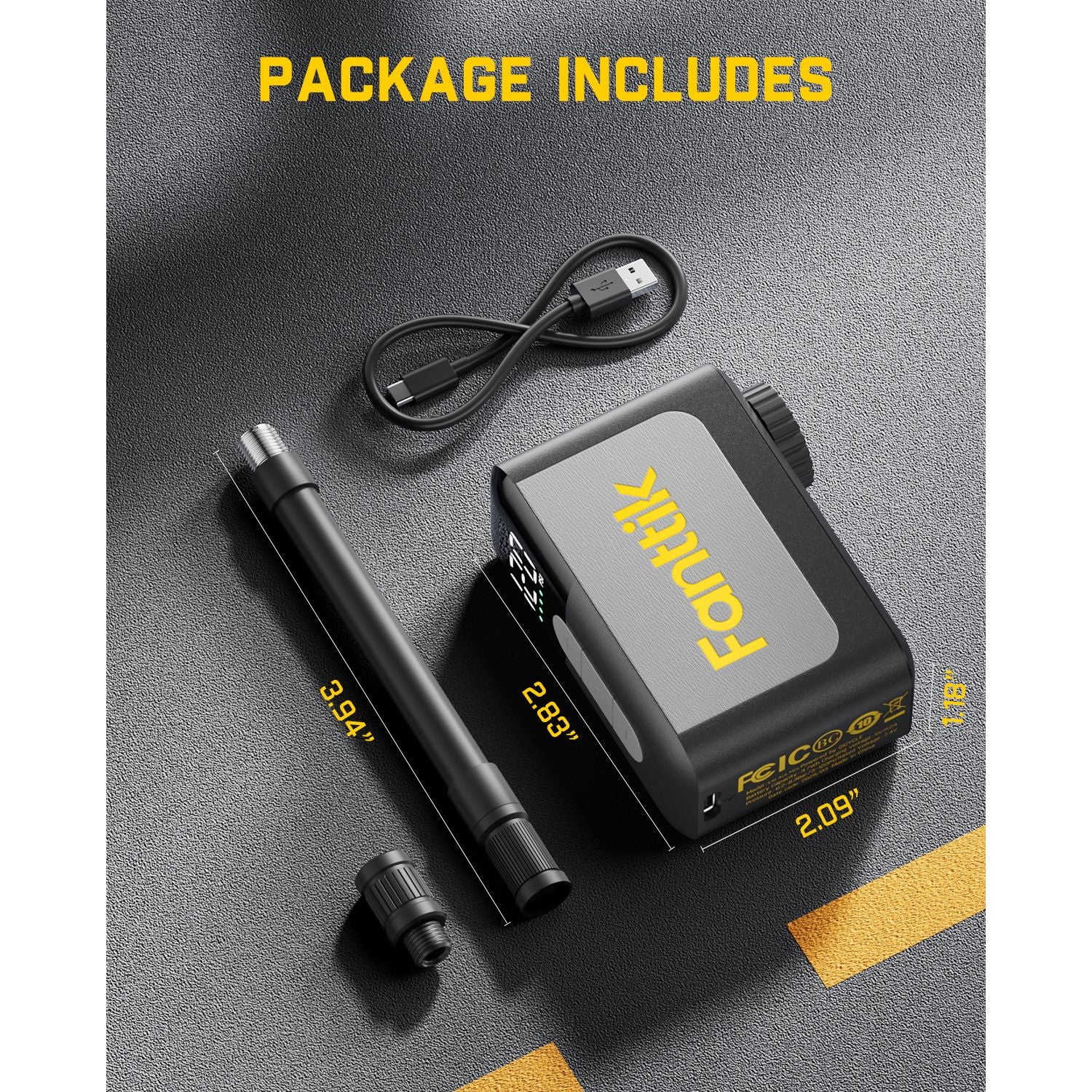 Fanttik X10 Ace Mini Bike Pump and accessories on a gray background with 'Package Includes' text.