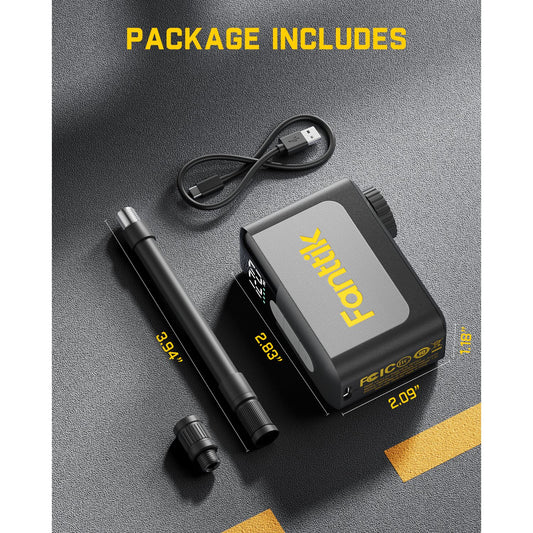 Fanttik X10 Ace Mini Bike Pump and accessories on a gray background with 'Package Includes' text.