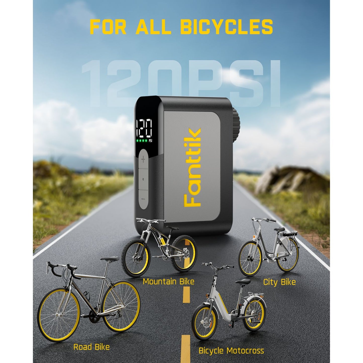 Fanttik bicycle pump with digital display on a road with multiple bicycles below.