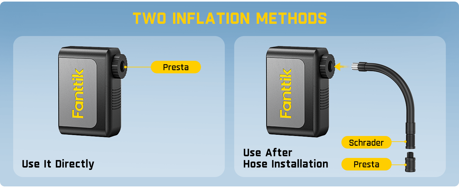 Two inflation methods for a Fanttik air pump on a blue background