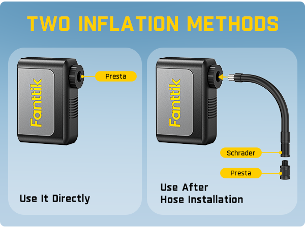 Two inflation methods for a Fanttik air pump on a blue background