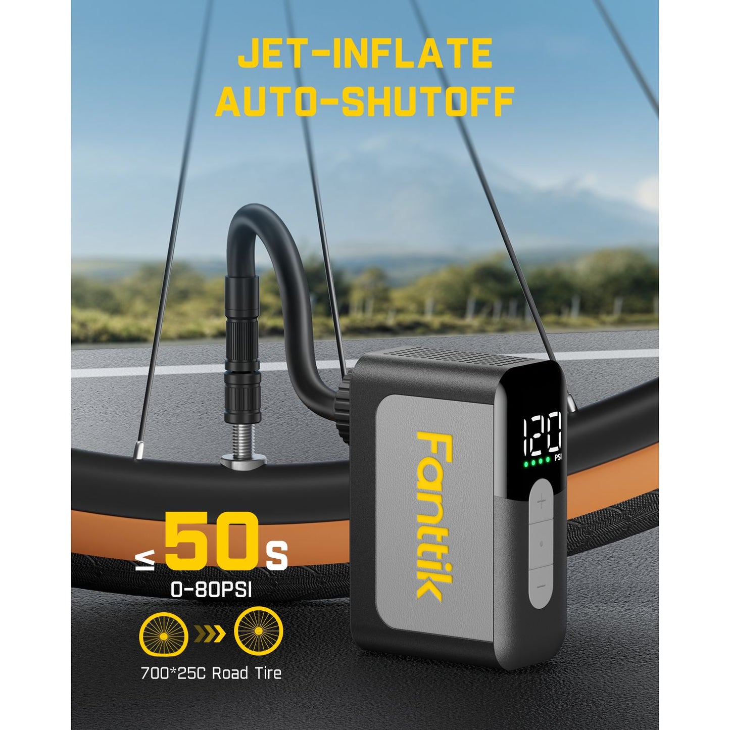Fanttik X10 Ace Mini Bike Pump with digital display on a road background