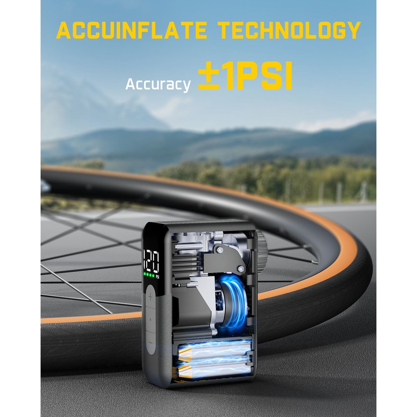 Fanttik X10 Ace Mini Bike Pump
 with ACCUINFLATE TECHNOLOGY on a road background