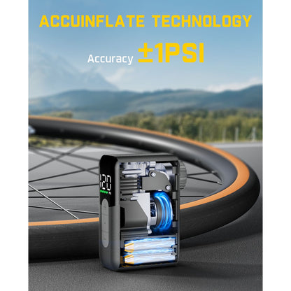 Fanttik X10 Ace Mini Bike Pump
 with ACCUINFLATE TECHNOLOGY on a road background