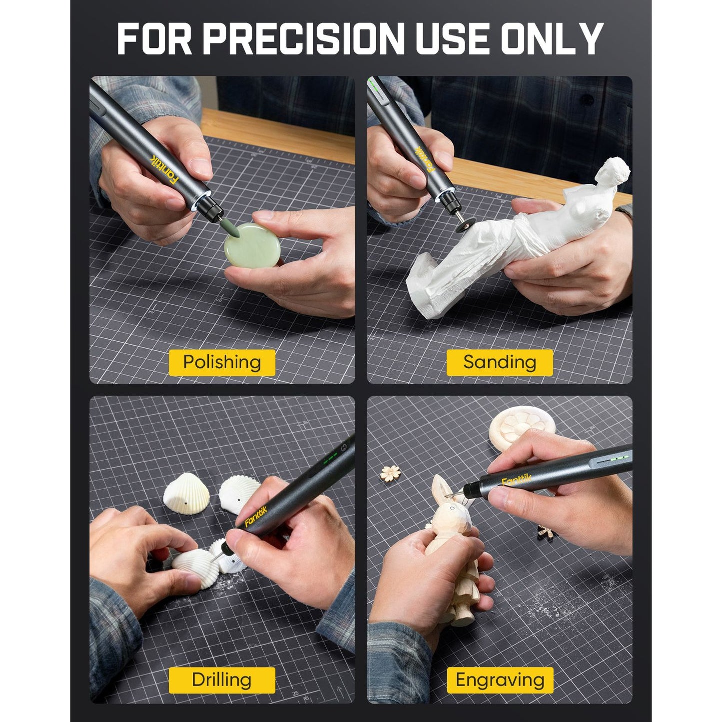 Fanttik F2 Master Kit Cordless Rotary Tool being used for polishing, sanding, drilling, and engraving on a workbench.