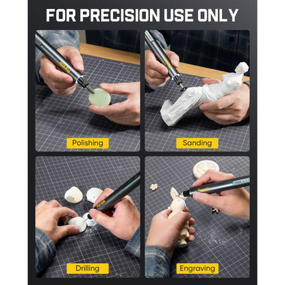 Fanttik F2 Master Kit Cordless Rotary Tool being used for polishing, sanding, drilling, and engraving on a workbench.