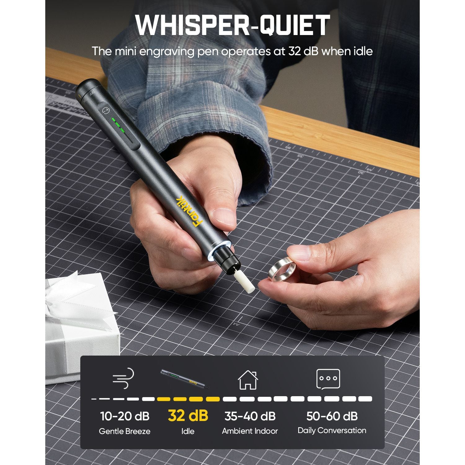 Person using a whisper-quiet Fanttik F2 Master Kit Cordless Rotary Tool on a workbench with sound level indicator.