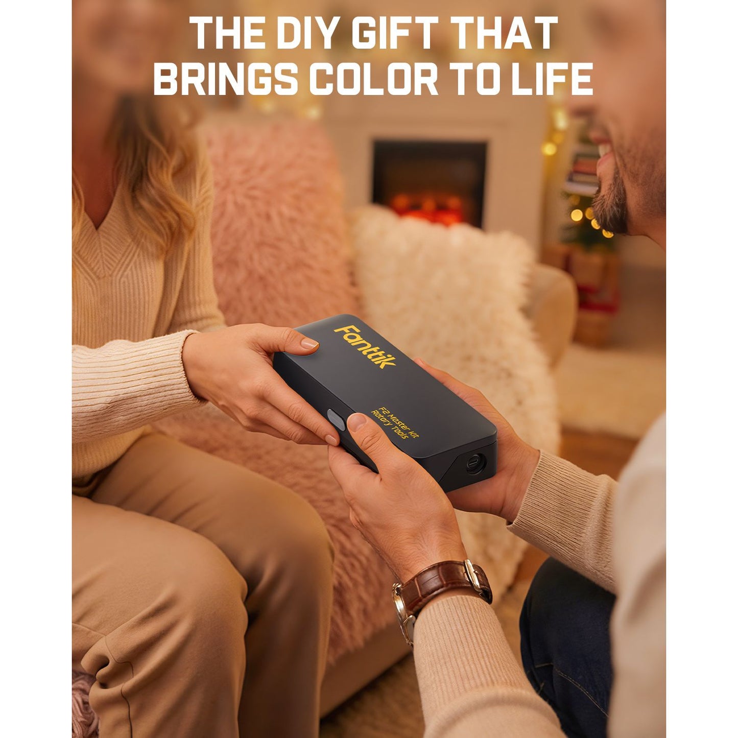 Two people sitting on a couch holding a Fanttik F2 Master Kit Cordless Rotary Tool with text about DIY gifts.