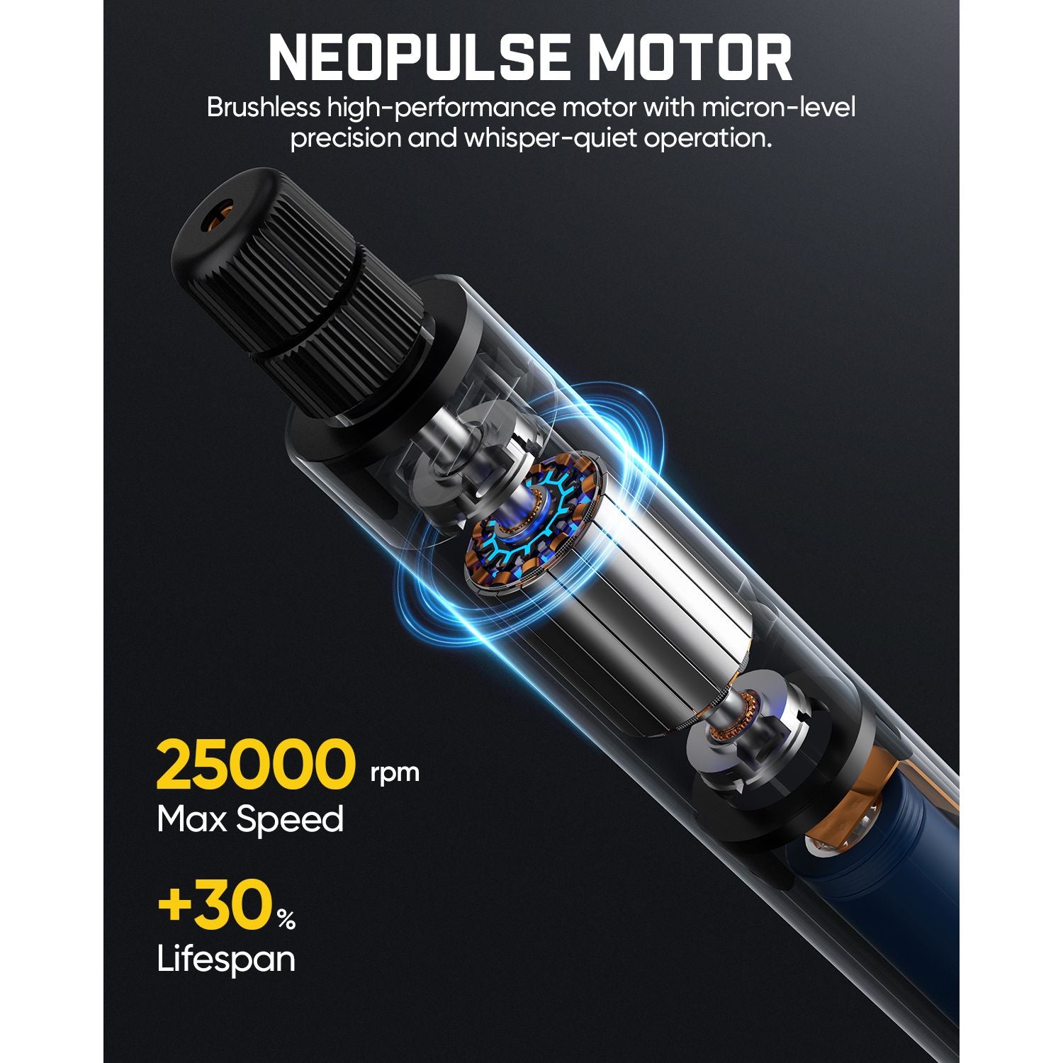 Neopulse motor with technical specifications on a dark background