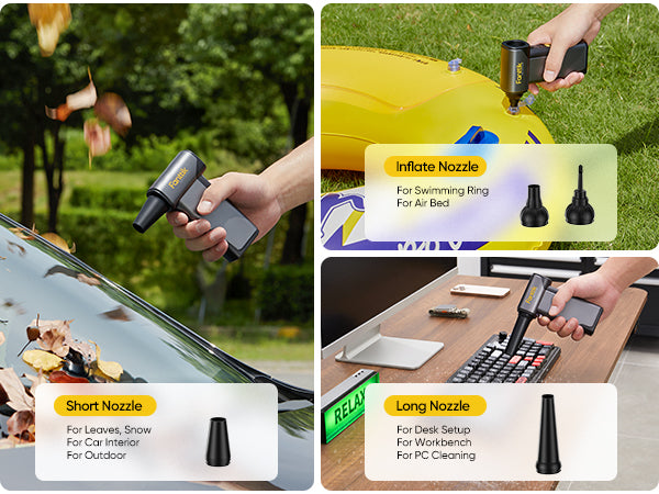 Collage of a handheld Fanttik B10 Pro Max Electric Air Duster with various nozzles used for different tasks outdoors and indoors.