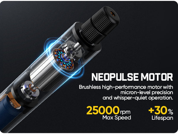 Neopulse motor with technical specifications on a dark background