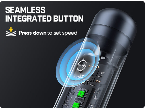 Fanttik F2 Master Kit Cordless Rotary Tool with a clear casing, showing internal components, on a black background with text about an integrated button.