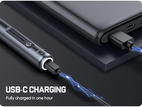 USB-C charging cable being plugged into a Fanttik F2 Master Kit Cordless Rotary Tool with text indicating fast charging.