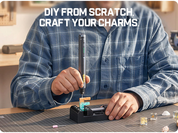Person using Fanttik rotary tool on a workbench with text 'DIY FROM SCRATCH, CRAFT YOUR CHARMS'.
