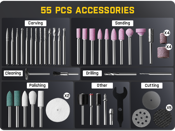 Set of 55 accessories for a rotary tool, including carving, sanding, cleaning, drilling, polishing, and cutting tools on a black background.