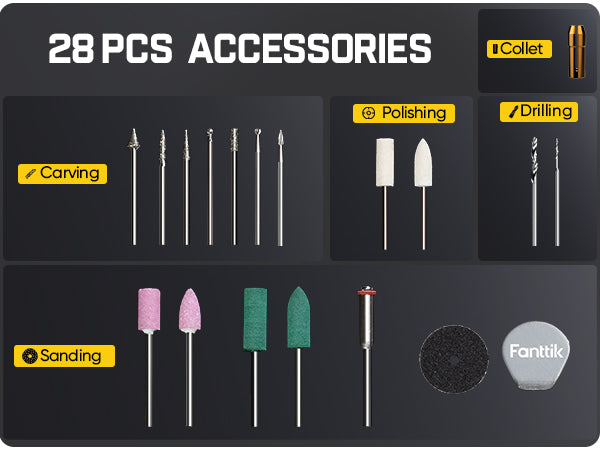 Set of 28 accessories with labels for different functions on a black background, featuring the Fanttik brand.