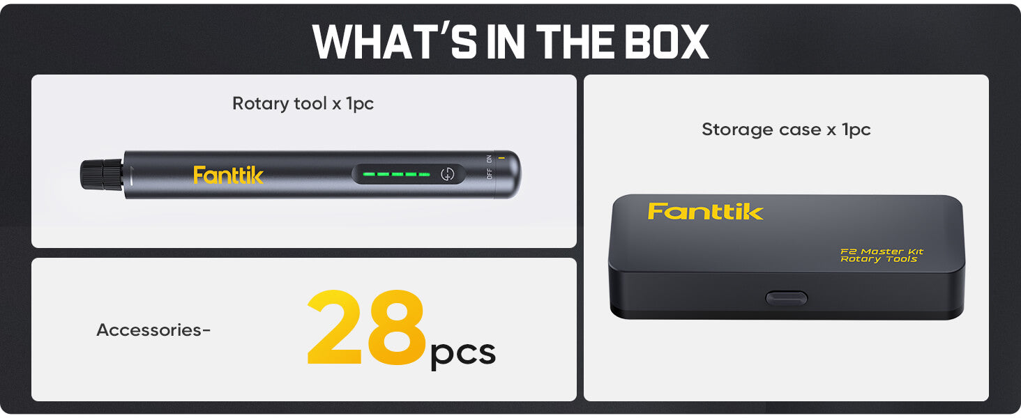 Product packaging with Fanttik F2 Master Kit Cordless Rotary Tool, storage case, and accessories on a black background.