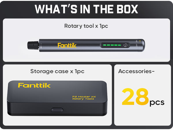 Product packaging with Fanttik F2 Master Kit Cordless Rotary Tool, storage case, and accessories on a black background.