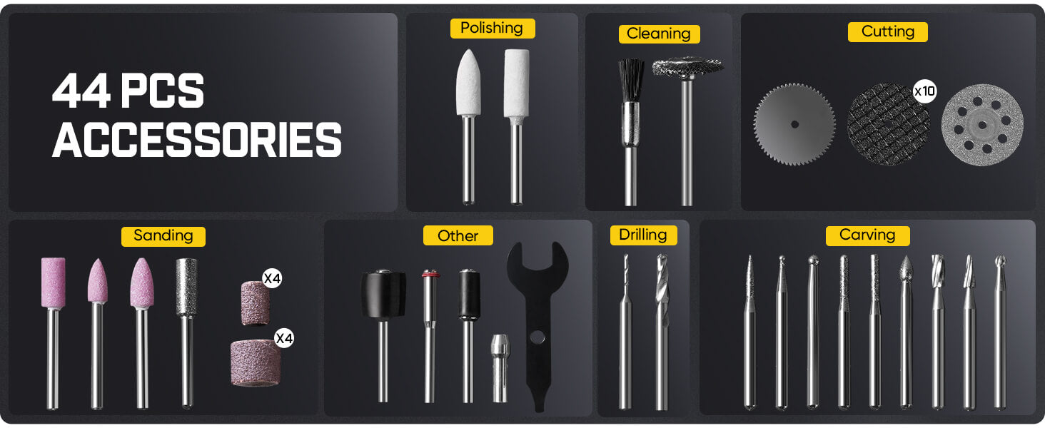 Set of 44 accessories for Fanttik F2 Pro Kit Cordless Rotary Tool, including polishing, cleaning, cutting, sanding, and other tools on a black background.