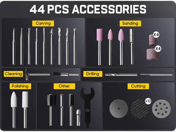 Set of 44 accessories including carving, sanding, cleaning, drilling, polishing, and cutting tools on a black background.