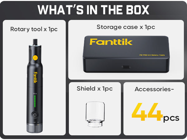 Product packaging with Fanttik rotary tool, storage case, shield, and accessories on a white background.