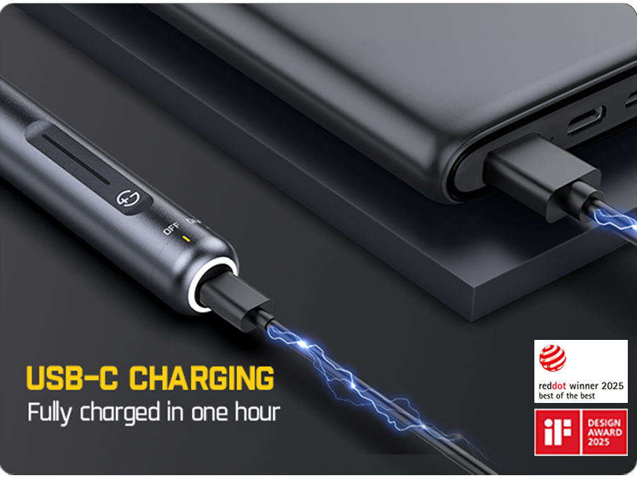 The image includes marketing text 'USB-C CHARGING' and award badges on the bottom right.