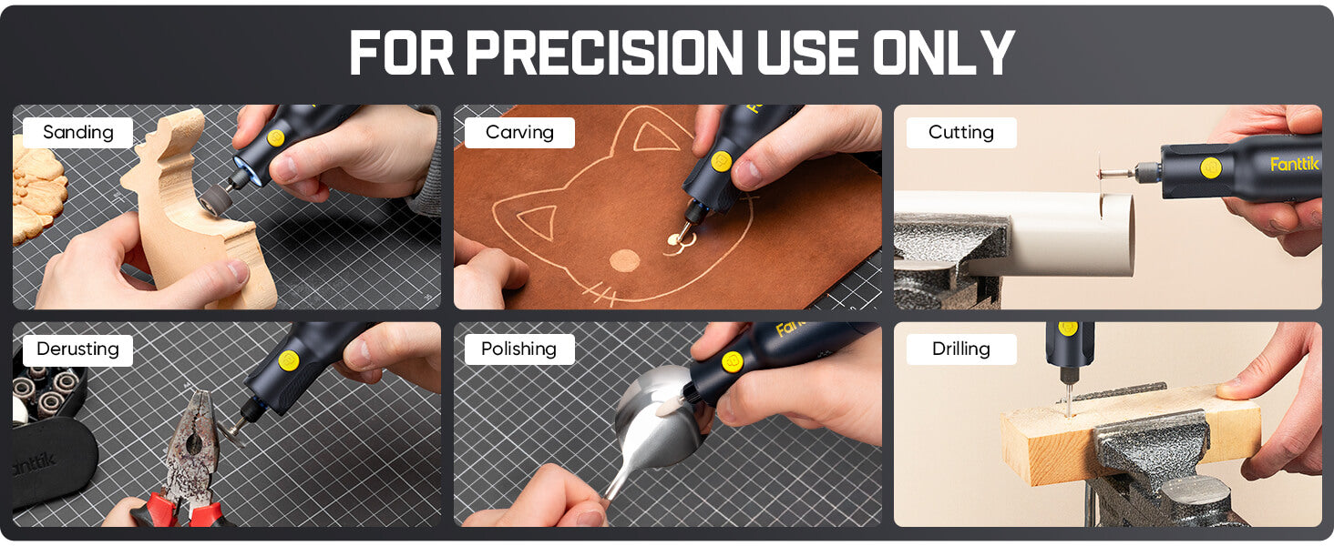 Demonstration of aFanttik F2 Pro Kit Cordless Rotary Tool being used for various woodwork tasks with text 'FOR PRECISION USE ONLY'.