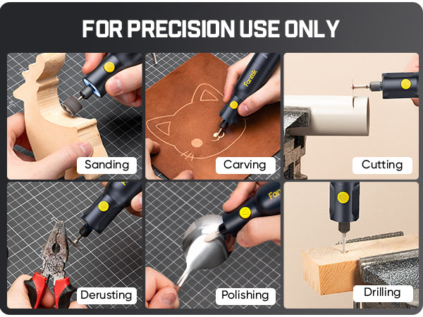 Demonstration of aFanttik F2 Pro Kit Cordless Rotary Tool being used for various woodwork tasks with text 'FOR PRECISION USE ONLY'.