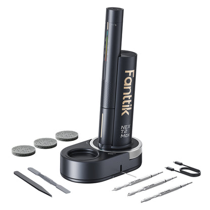 A FFanttik T2 Max Soldering Iron Kit  displayed on a clean white background, including three gray sponges, one tweezer, one pry bar, 10g solder wire, C-C cable and three C210 soldering tips.
