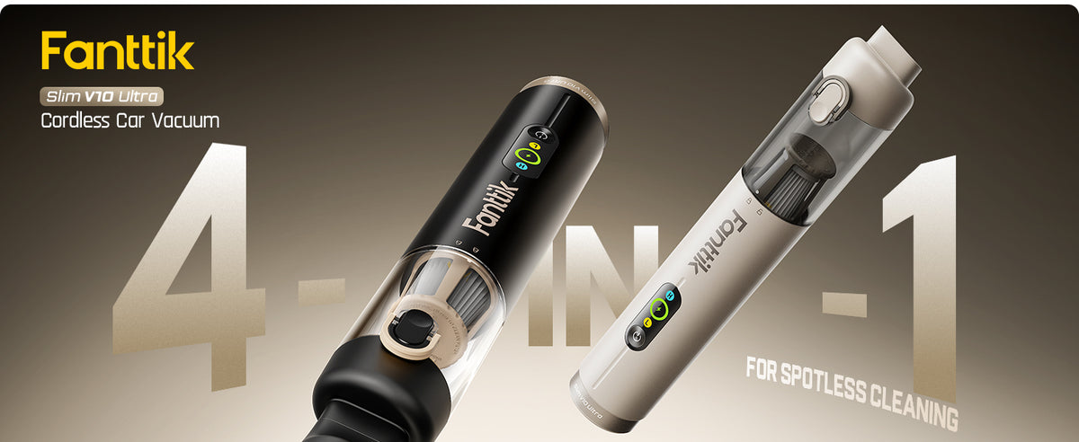 Two Fanttik cordless car vacuum cleaners shown at an angle against a dark gradient background with large text reading '4-IN-1'. One vacuum is black with gold accents, and the other is white with gold accents.