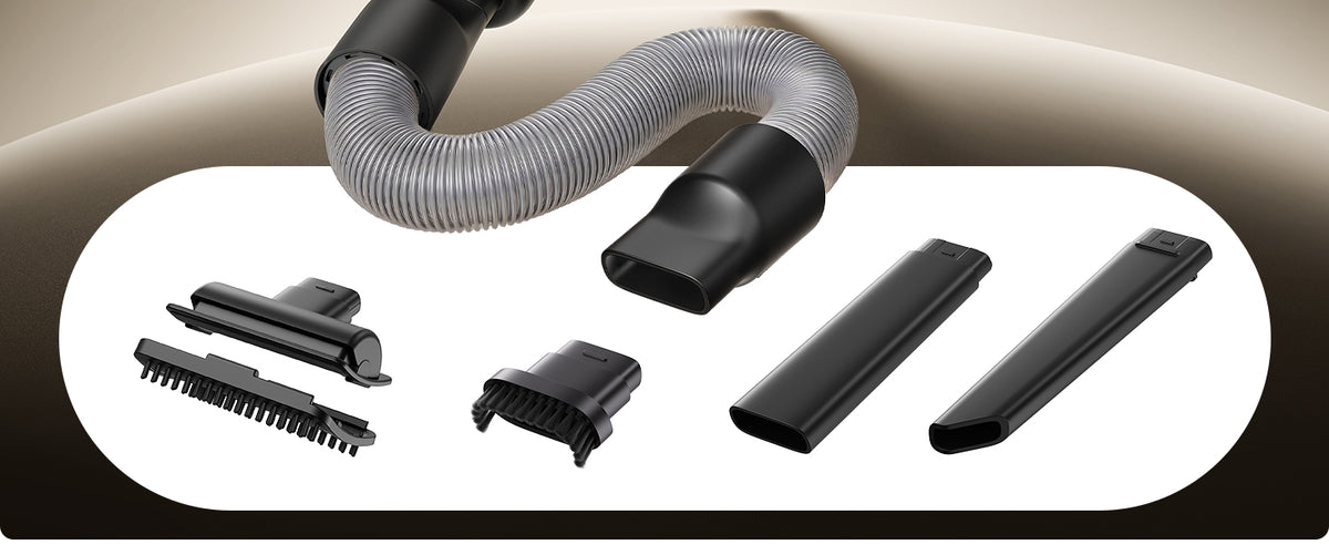 Fanttik Slim V10 Ultra Vacuum cleaner attachment kit with a flexible gray hose and several black nozzle tools, shown on a white oval background with a dark beige curved backdrop.
