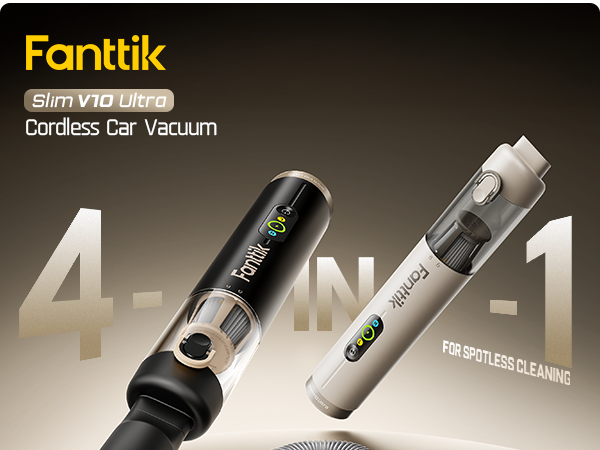 Two Fanttik cordless car vacuum cleaners shown at an angle against a dark gradient background with large text reading '4-IN-1'. One vacuum is black with gold accents, and the other is white with gold accents.