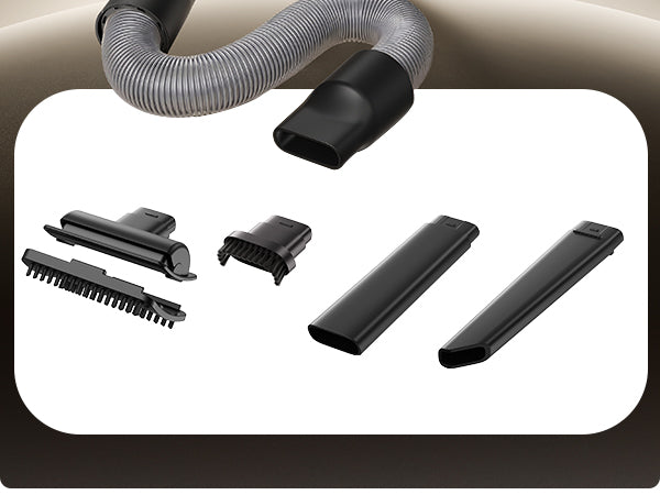 Fanttik Slim V10 Ultra Vacuum cleaner attachment kit with a flexible gray hose and several black nozzle tools, shown on a white oval background with a dark beige curved backdrop.