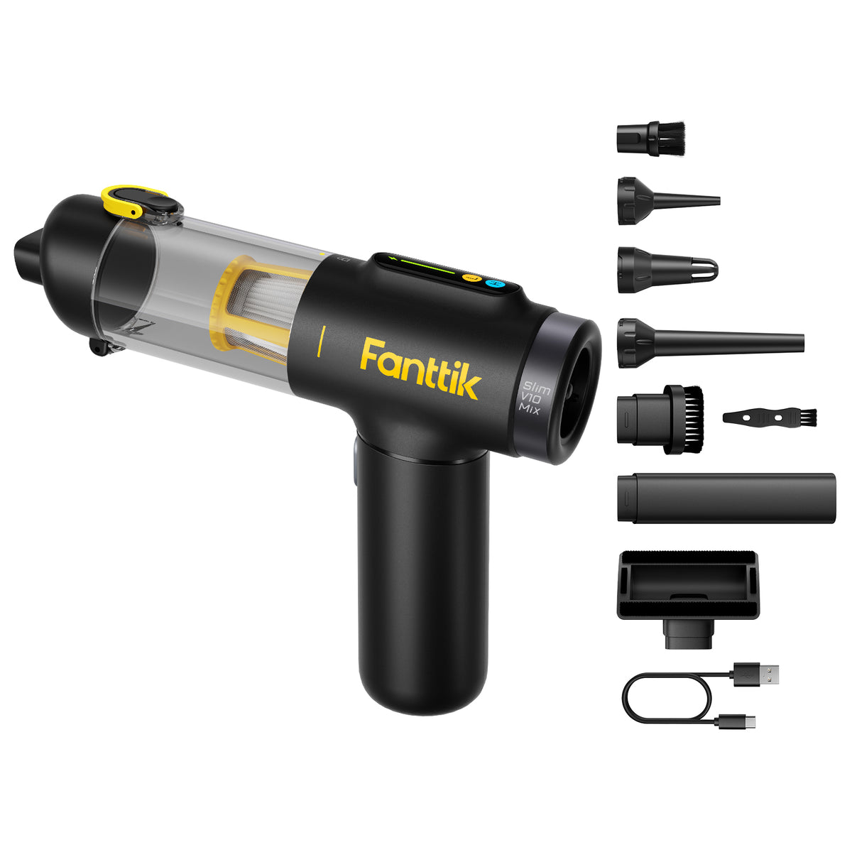 Fanttik Slim V10 Mix Car Vacuum with attachments on a white background
