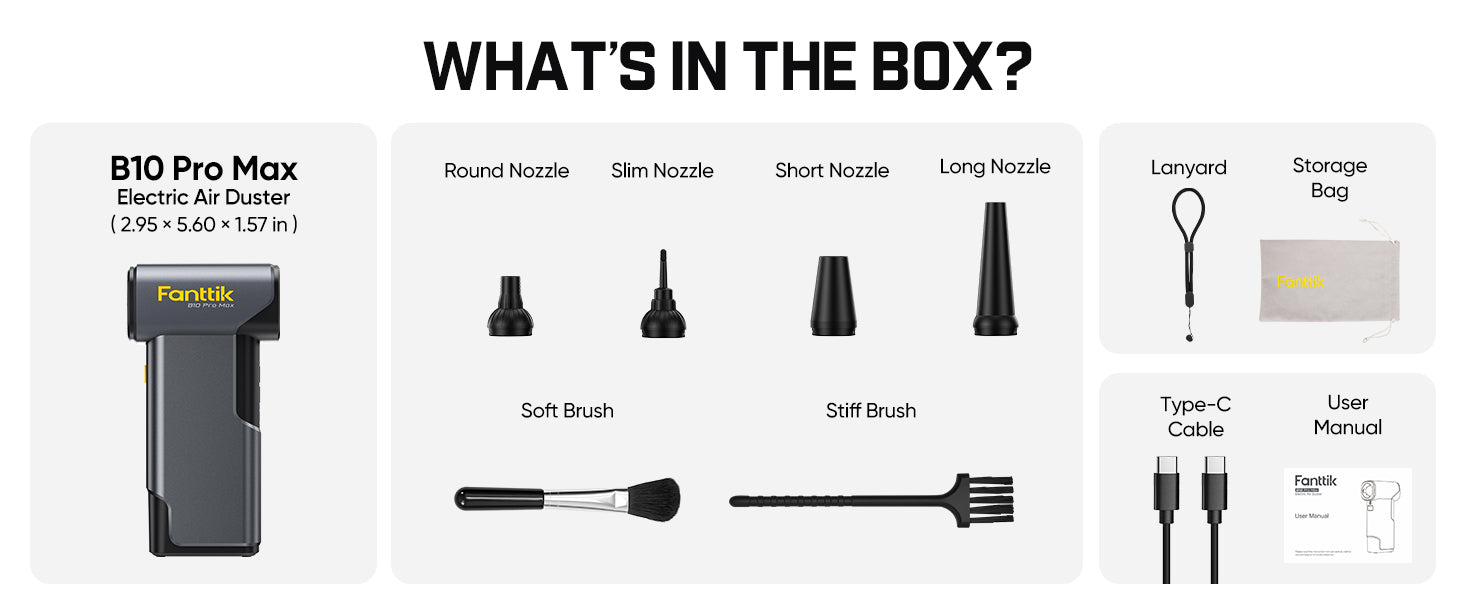 List of items included in the B10 Pro Max electric air duster box, including nozzles, brushes, and accessories.