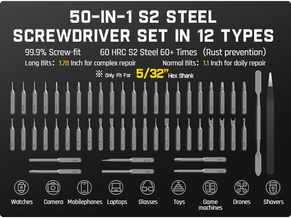 50-in-1 S2 Steel Screwdriver Set with various bits on a black background