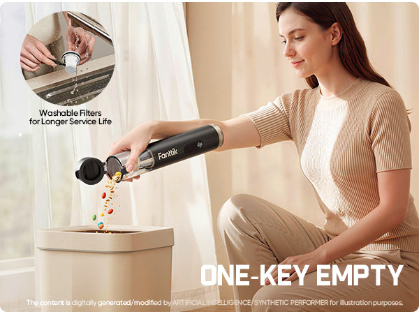 A woman kneels beside a trash can, using a black Fanttik Slim V10 Ultra car vacuum to empty a trash can. An inset circle shows hands washing a filter under a sink, with text reading 'Washable Filters for Longer Service Life.