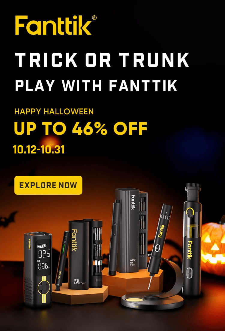 Halloween promotional graphic for Fanttik products, showing several Fanttik DIY tools and auto tools on stands against a dark background with orange pumpkin and bat silhouettes. Large text reads 'Fanttik', 'TRICK OR TRUNK PLAY WITH FANTTIK', 'HAPPY HALLOWEEN UP TO 46% OFF', and 'EXPLORE NOW'.